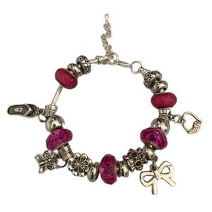 925 Sterling Silver Charm Bracelet Millefiori Glass Austrian Crystal Pink